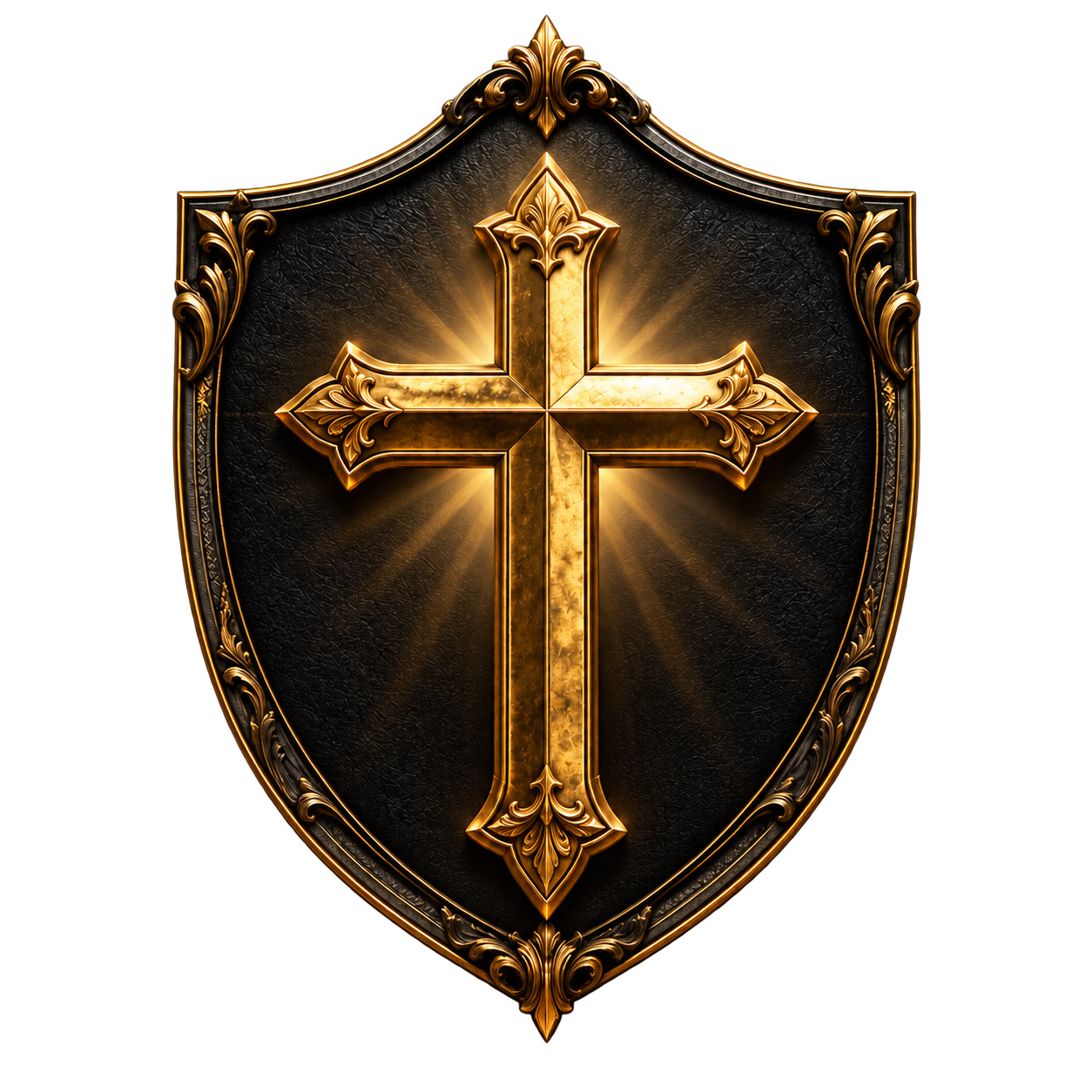 Gold cross within a dark heraldic crest